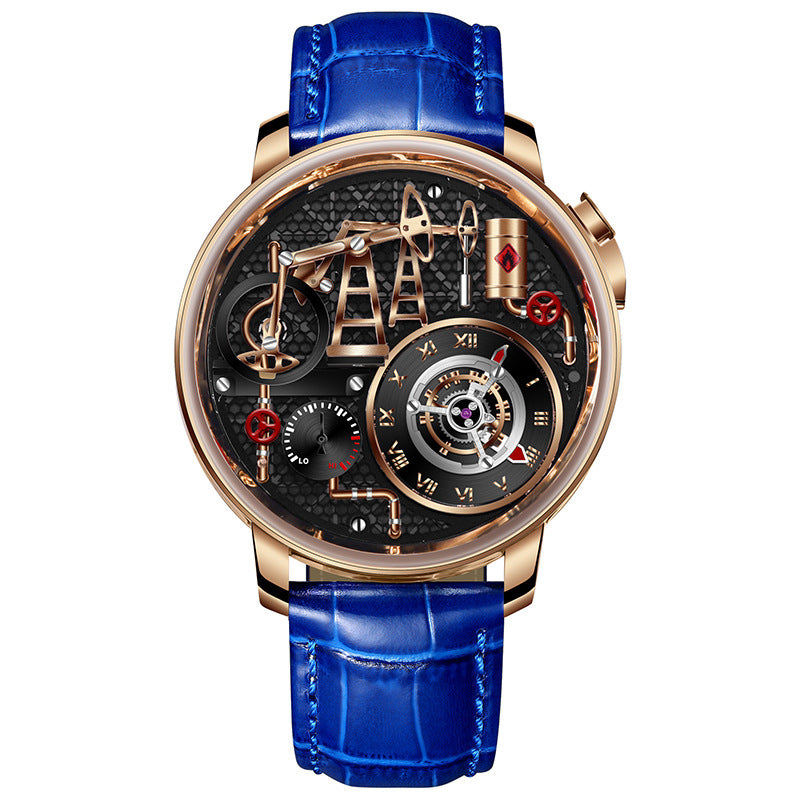 Montre homme avec pompe à huile Mouvement en acier inoxydable et bracelet en cuir