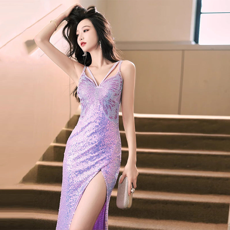 Robe de soirée pailletée Automne et hiver Violet Français Style Banquet haut de gamme