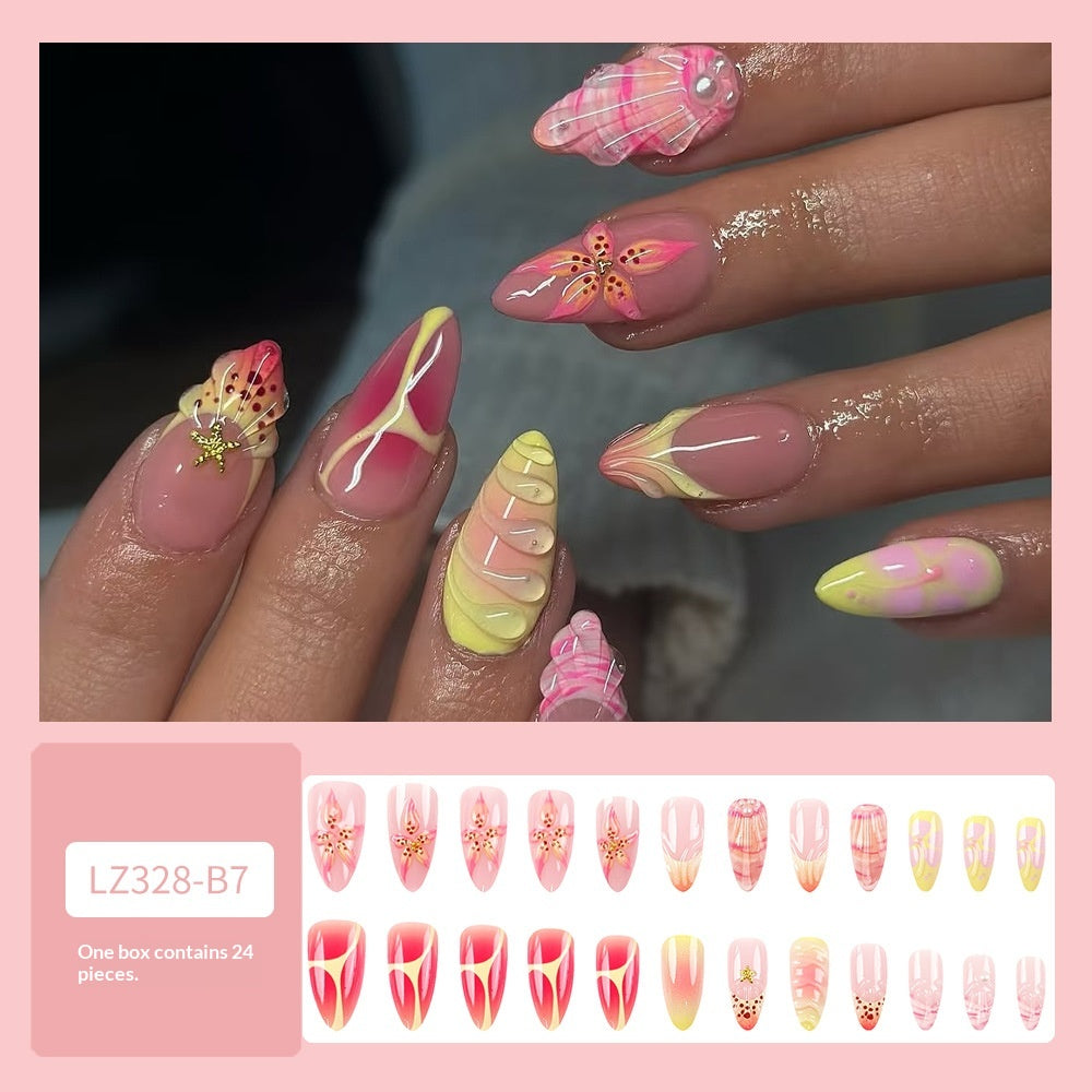 24 pièces de ongles artificiels en forme d'ongle 3D en forme d'amandes courtes avec gemme
