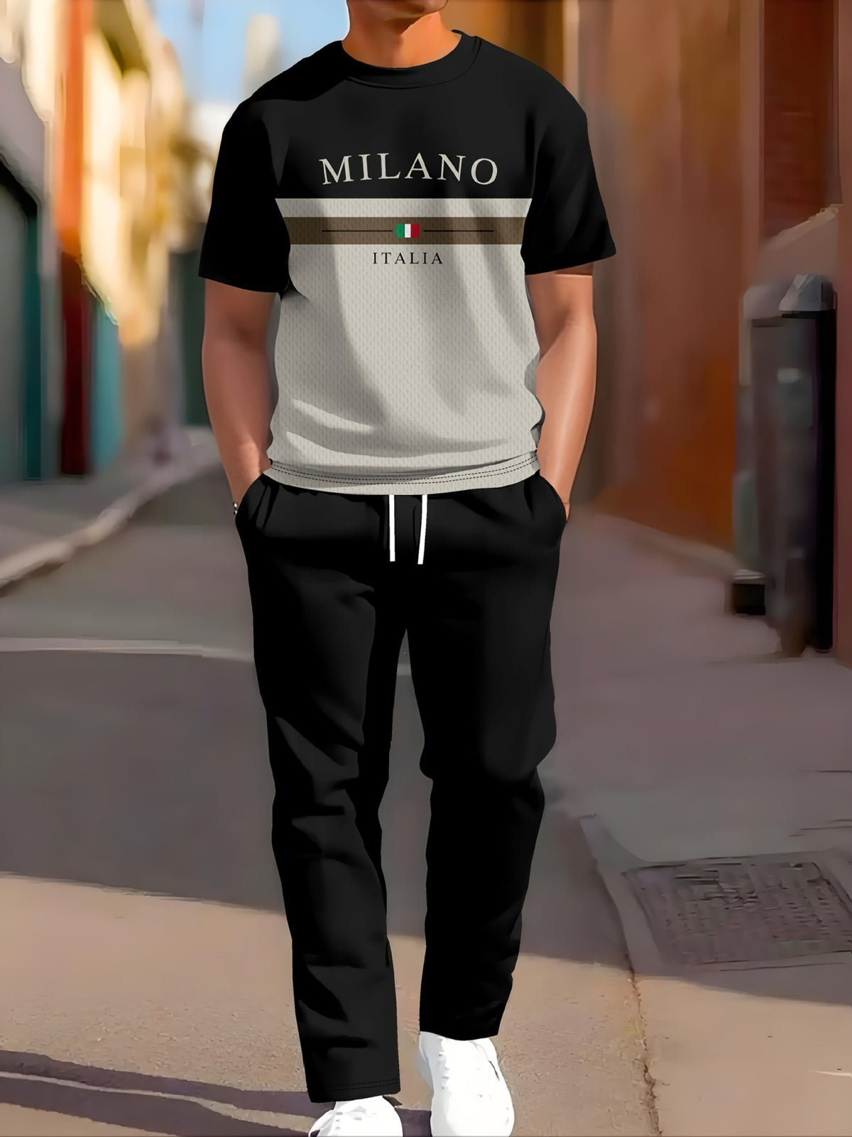 Vêtements de sport occasionnels manches courtes et pantalons longs Imprimés Ensemble deux pièces