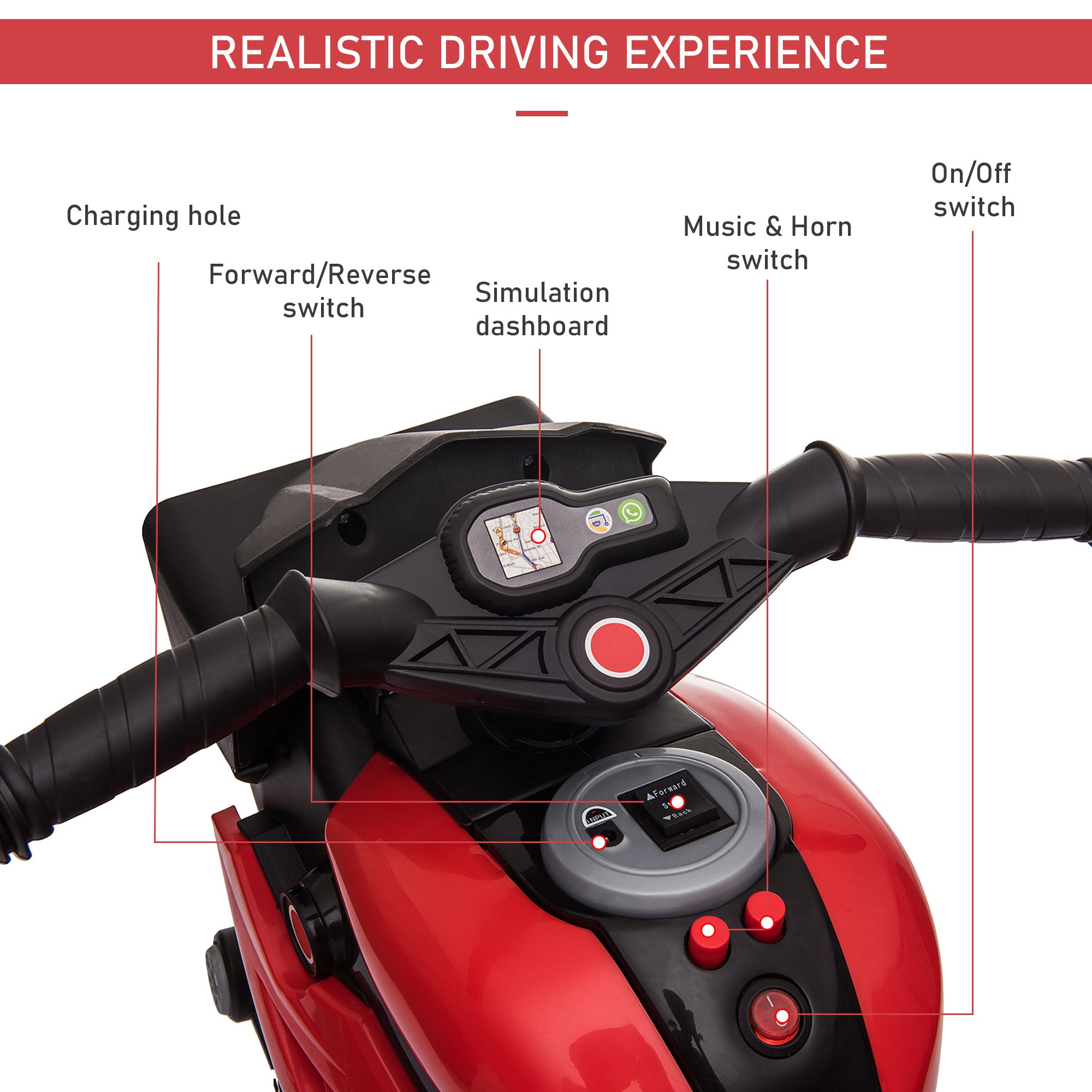 Jouet de moto électrique rouge 6V pour enfants avec phares en corne de musique