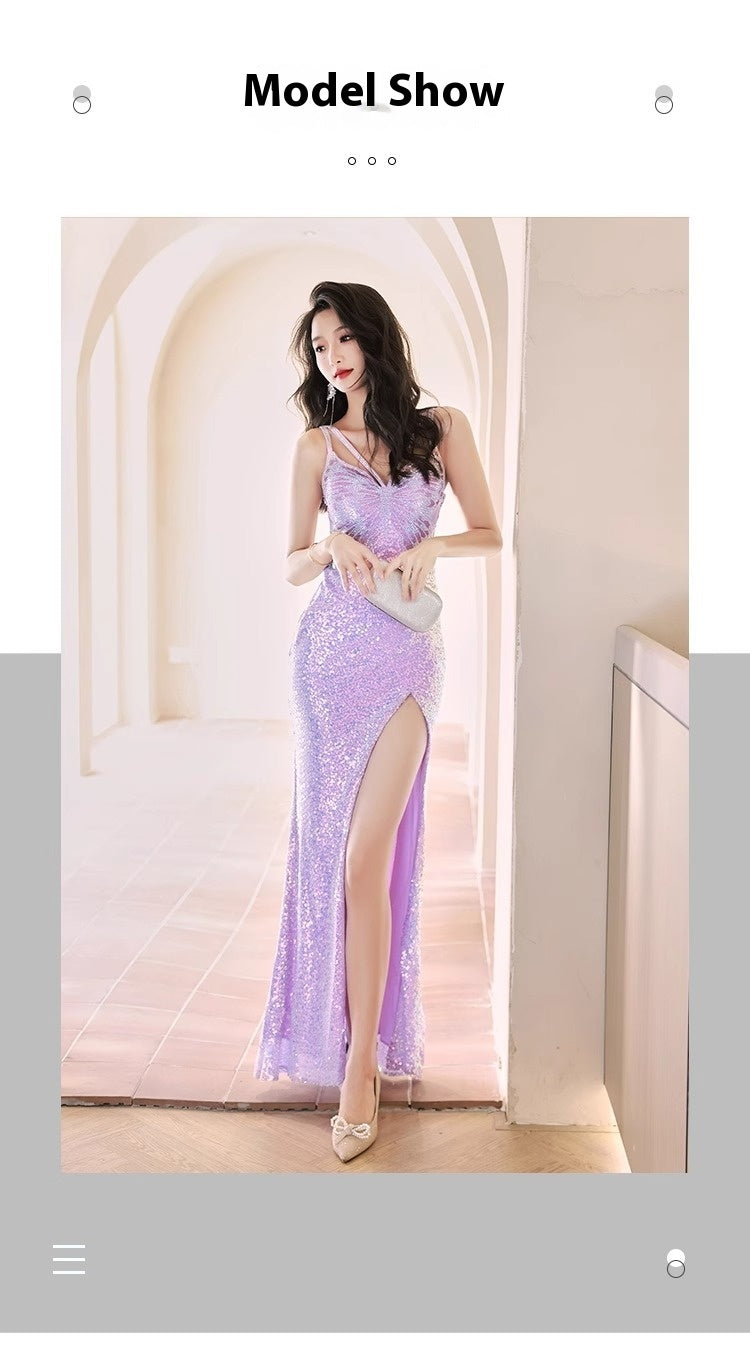Robe de soirée pailletée Automne et hiver Violet Français Style Banquet haut de gamme