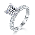S925 Sterling Silver 4ct Emerald Cut Moissanite Ring, D-VVS1 Pave Band, Platinum Plated US Sizes 5-9, GRA Certified Jewelry Gift Box