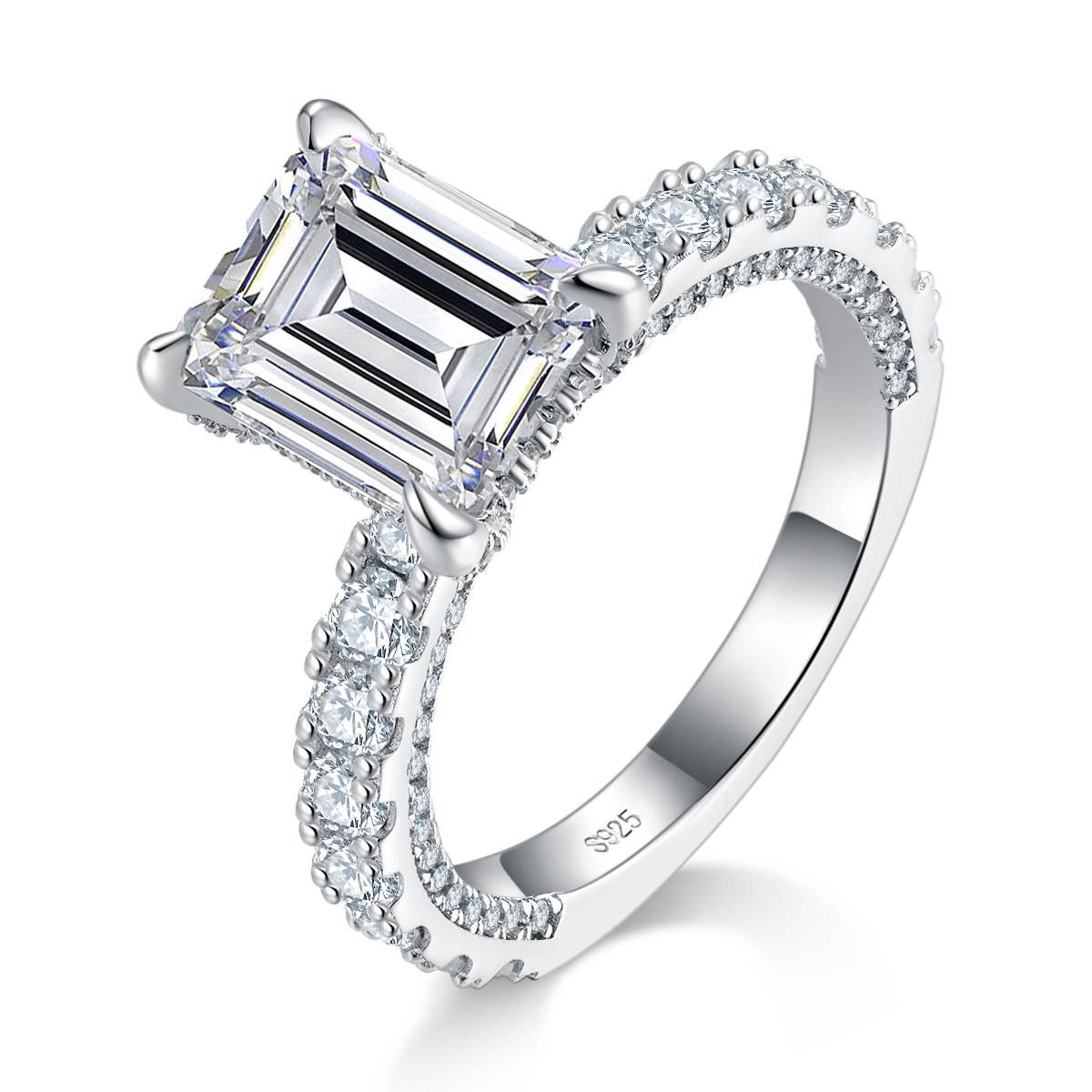S925 Sterling Silver 4ct Emerald Cut Moissanite Ring, D-VVS1 Pave Band, Platinum Plated US Sizes 5-9, GRA Certified Jewelry Gift Box