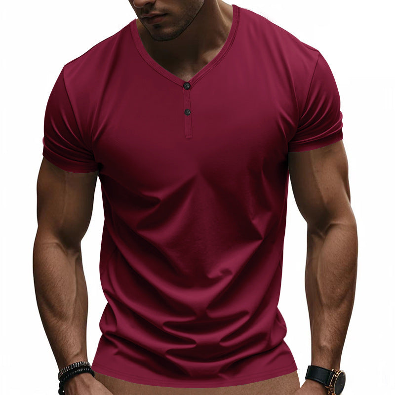 T-Shirt Henry-Neck Retro Loose Fit Stretchy Quick-Drying Breathable Short-Sleeved Summer S