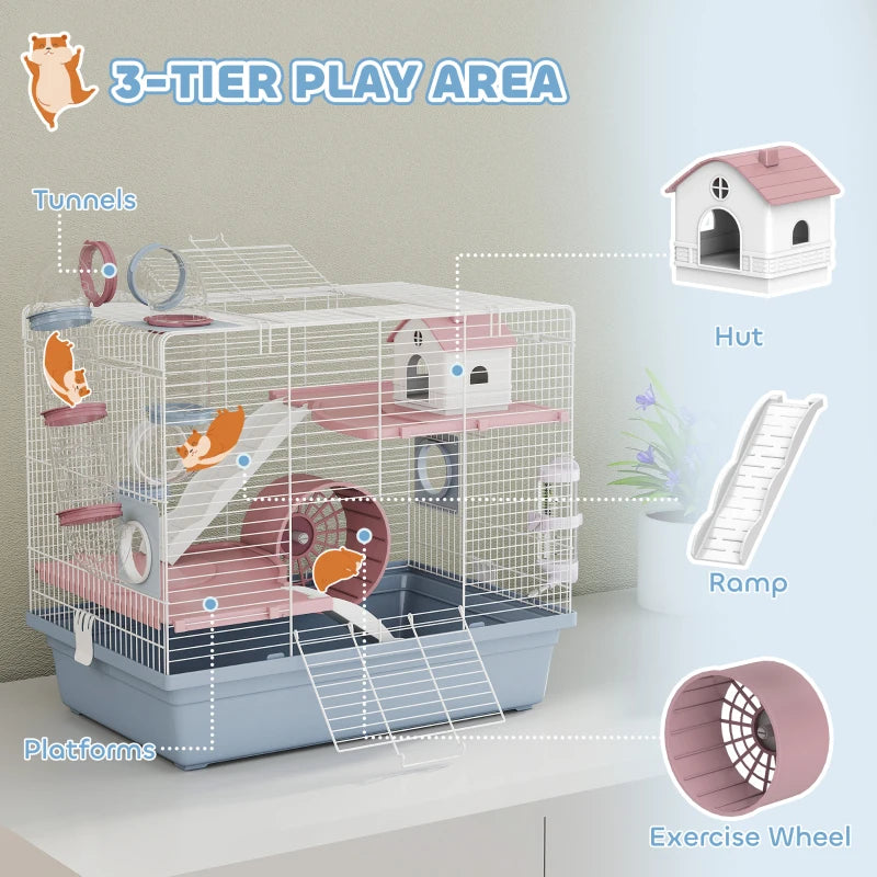 Cage, 3-Tier petit animal Cage avec roue d'exercice, bol alimentaire, bouteille d'eau, maison, tunnel
