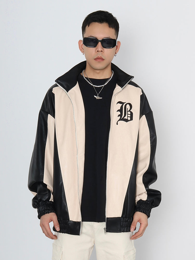 High Street Contrast Patchwork Brodé Veste en cuir