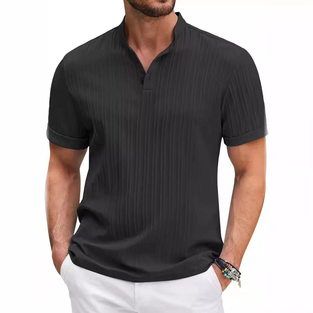 Homme Cotton-lin Jacquard Solide-couleur Casual Loose-fit Chemise manches courtes