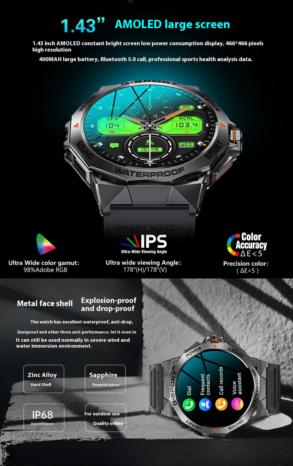 Écran Bluetooth appelant la météo Fréquence cardiaque Surveillance de l'oxygène du sang Smart Watch