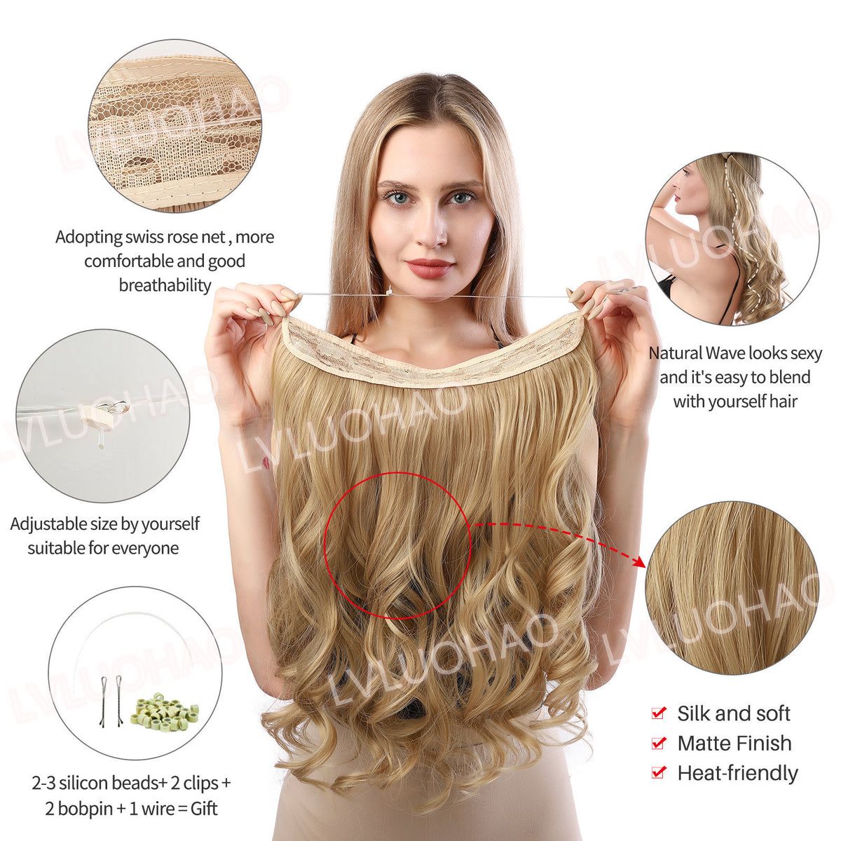 Bande courbe Ligne transparente Fibre Matte Perruque