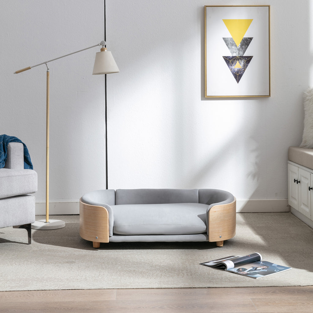 Style scandinave Lit de chien élevé Canapé pour animaux avec pieds en bois massif et dos en bois bent