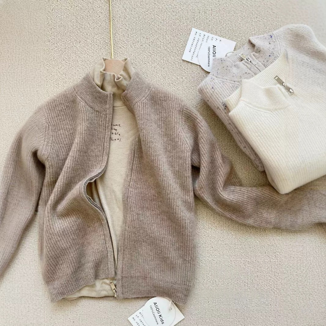 Kids' Cashmere Mock Neck Zip-Up Jacket Thick Knit Pullover