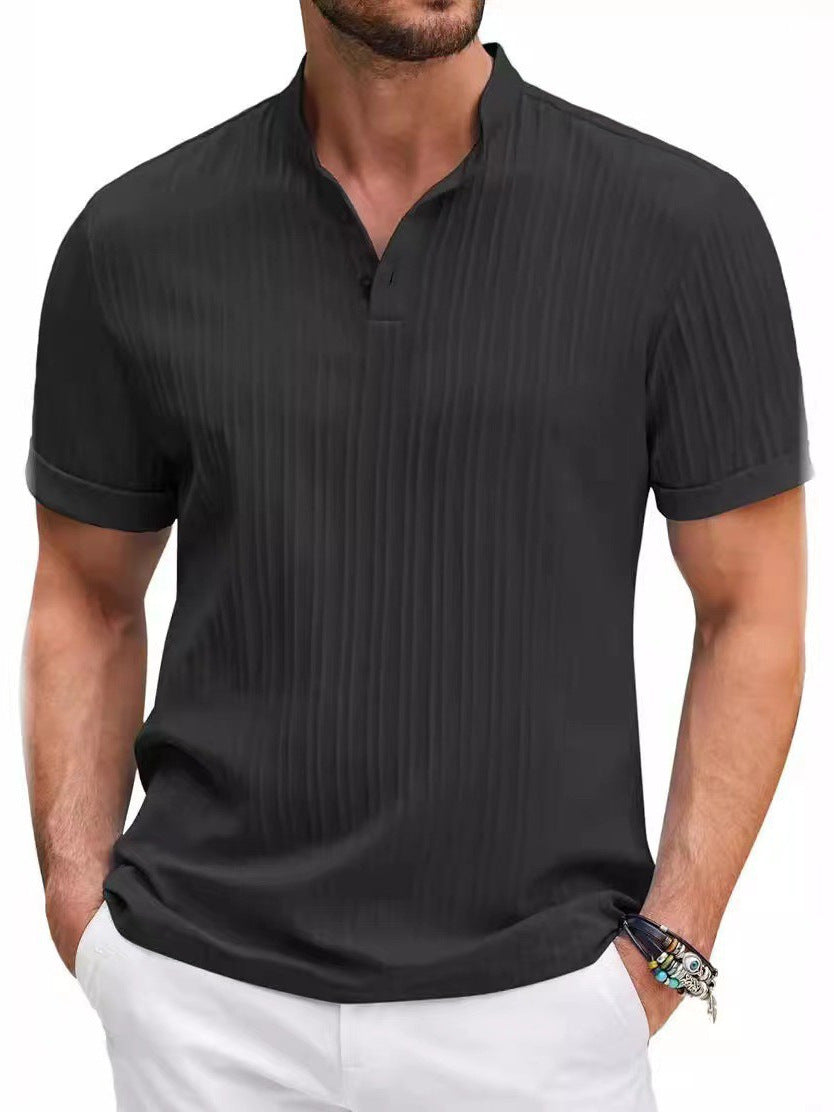 Homme Cotton-lin Jacquard Solide-couleur Casual Loose-fit Chemise manches courtes