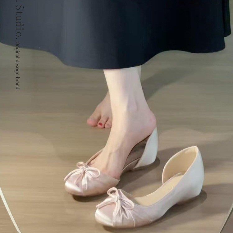 Élégante Celebrity Style Round Toe Satin Bow Flats