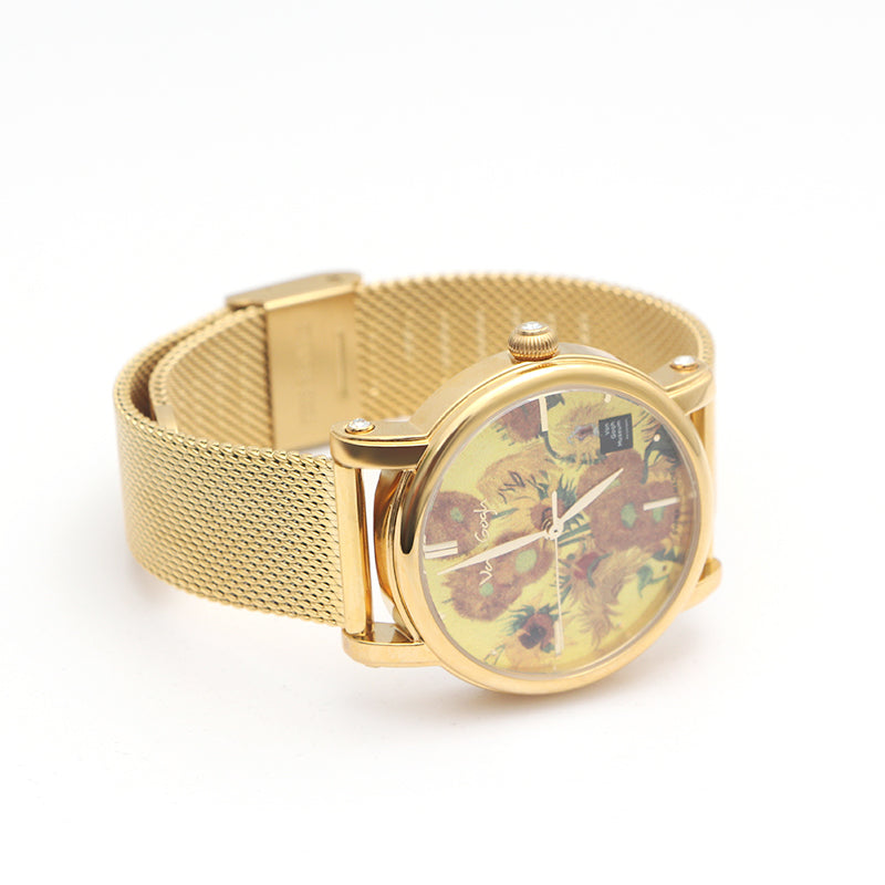 Van Gogh Montre Quartz Femme 3D imprimé peinture à l'huile Cadran Bracelet en acier tournesols