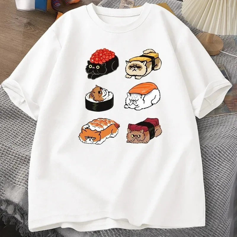 T-shirt Kawaii Cute Cat Sushi pour l'été