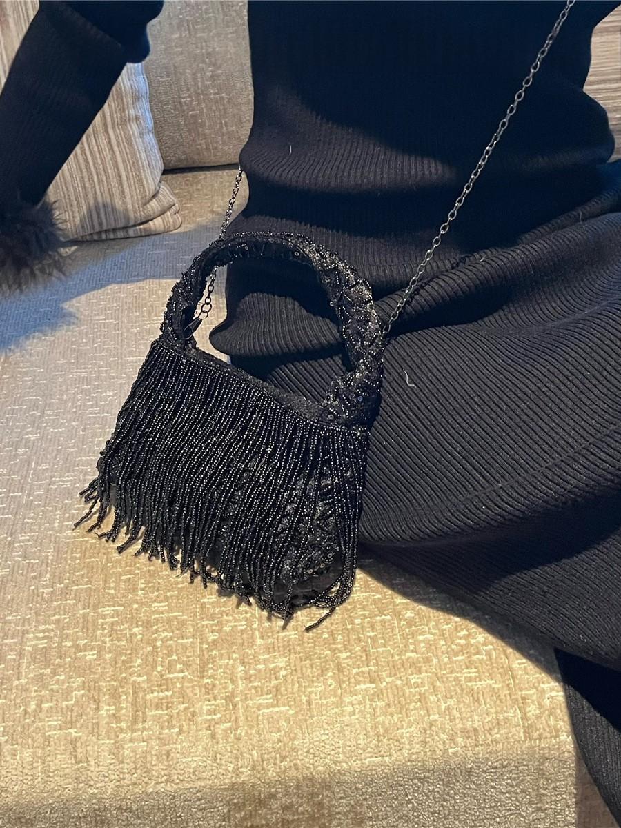Style chinois Vintage Handmade Solid-black Perle Tassel Tote Bag