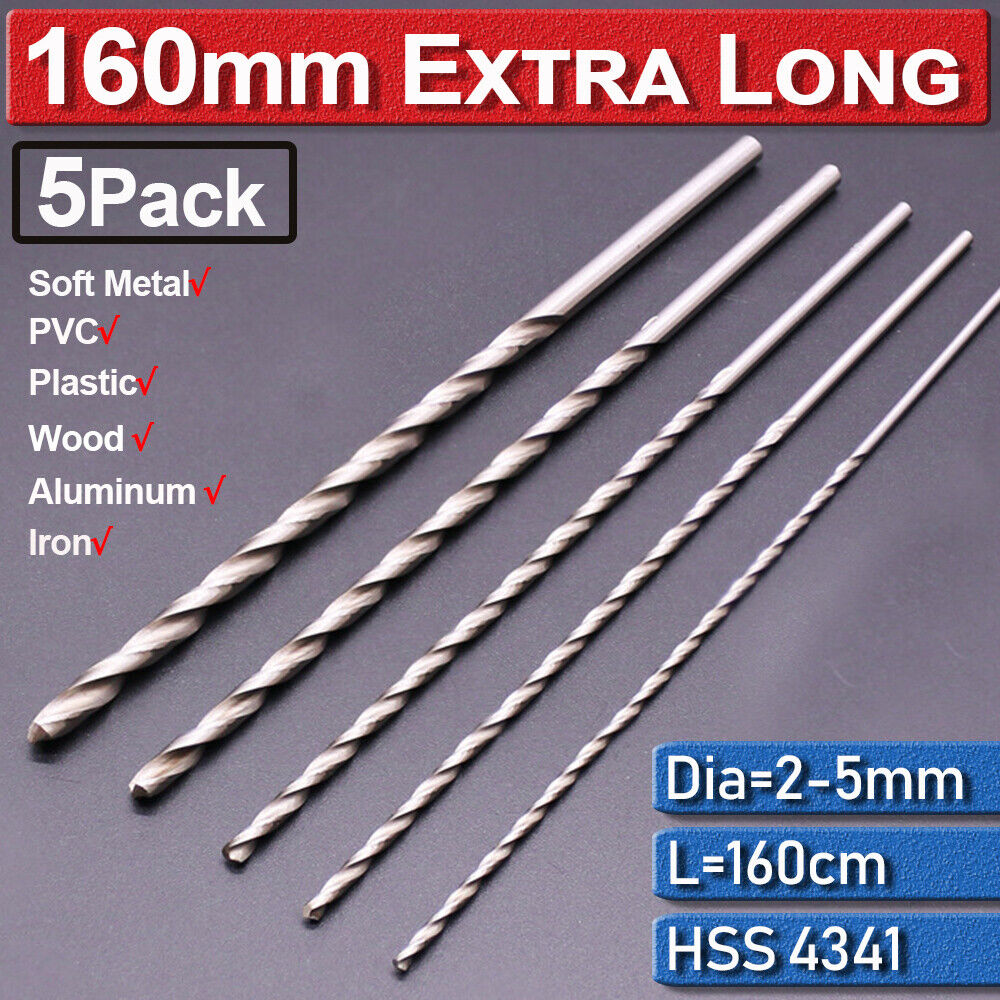 5PC 160MM Ensemble de perceuses en métal extra long en bois Brad Point 2mm 3mm 3,5mm 4mm 5mm