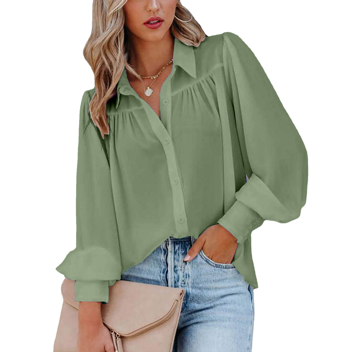 Tie-Up Amazon Manches de lanterne plissées Collier de support de couleur solide