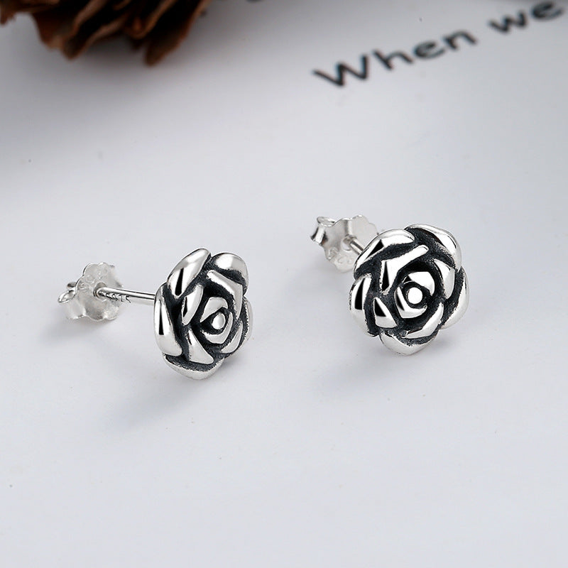 S925 Boucles d'oreilles Sterling Silver Vintage-Style Antique-Rose Flower Sterling