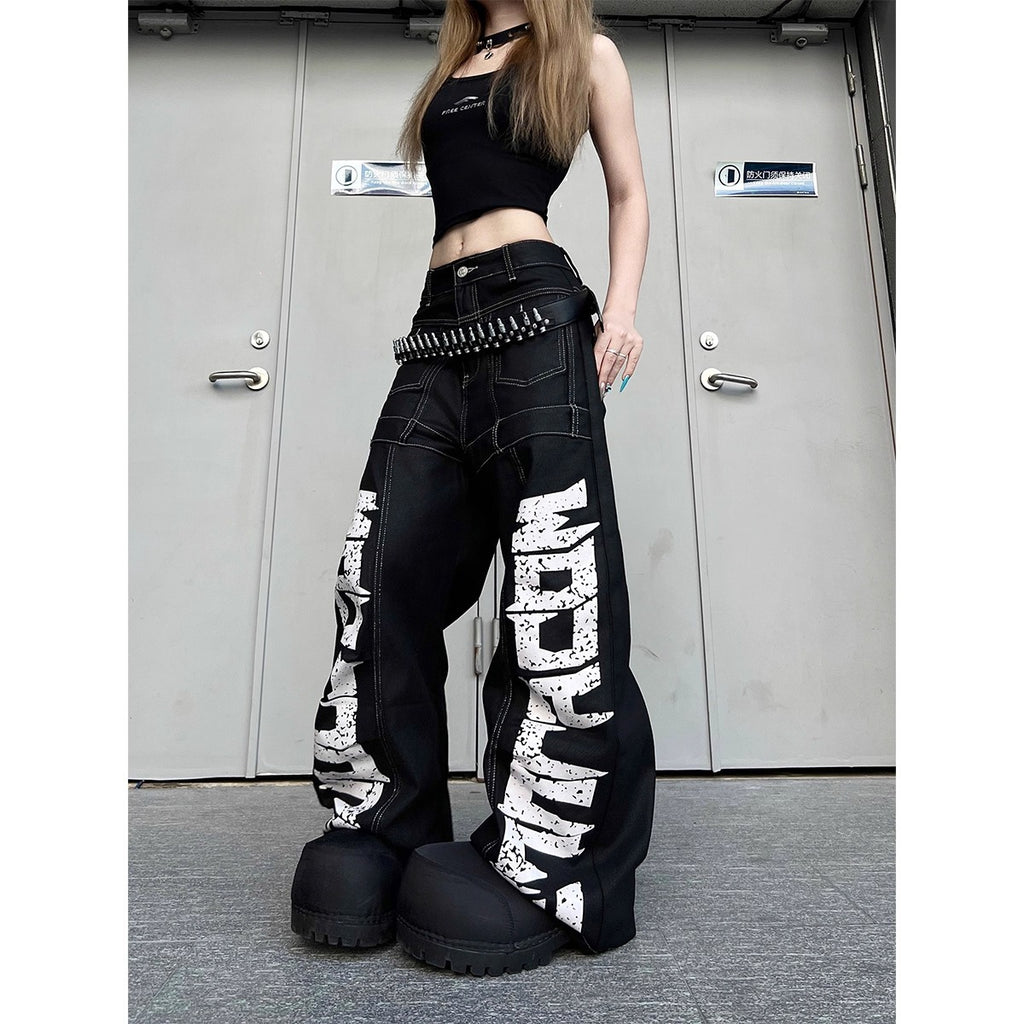Pantalon noir à large jambe de style américain avec une grande impression de lettre