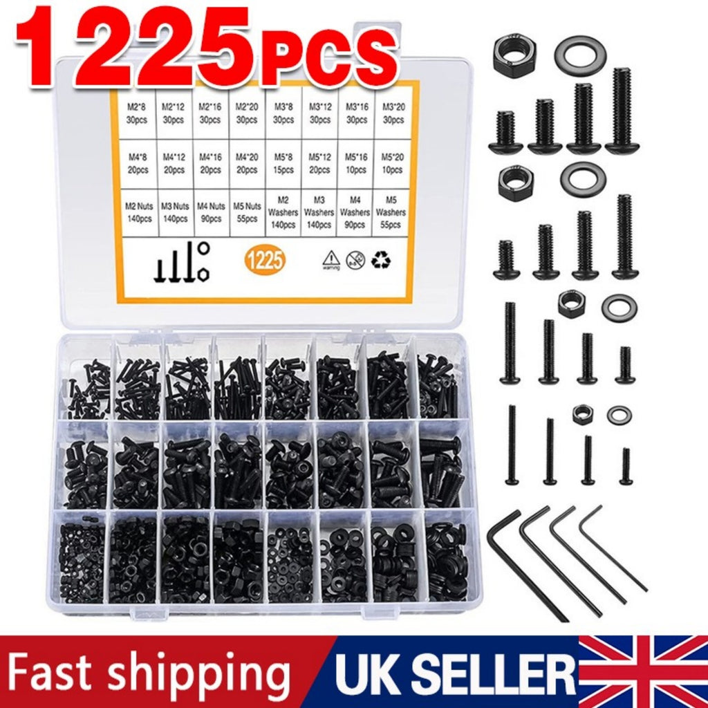 1225pcs Acier inoxydable Vis hexagonales et boulons de chaussettes Ensemble d'écrous assortis M2 M3 M4 M5