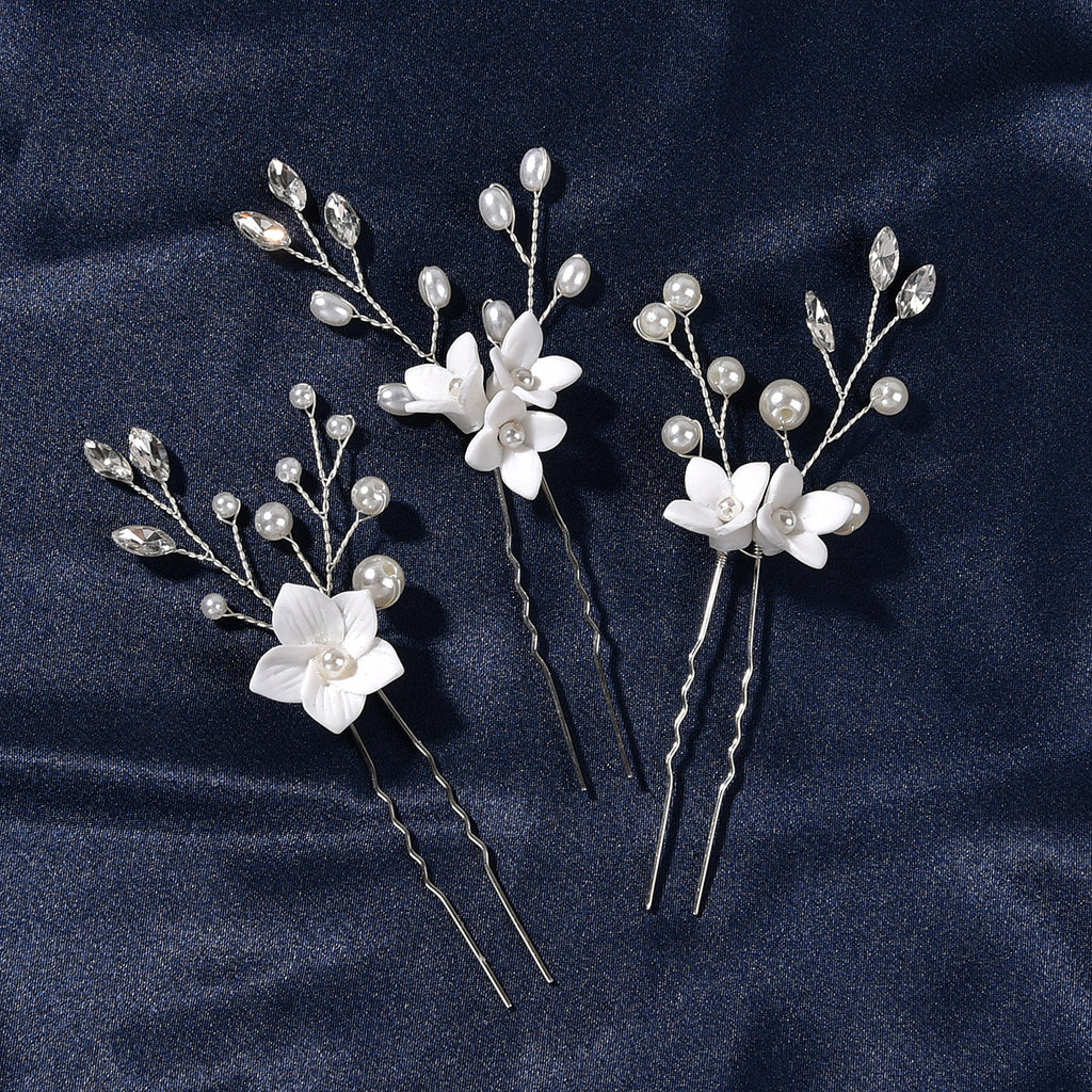 Three sets of U-shaped white flower hairpins
