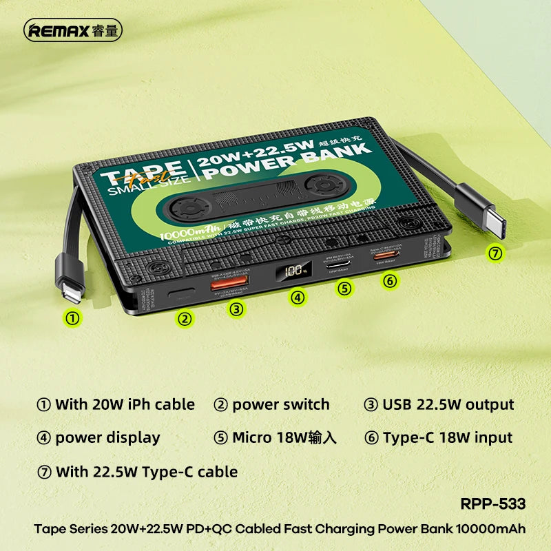 Bande Remax 10 000mAh Banque de puissance Grande capacité bidirectionnelle charge mobile rapide Portable Mobile