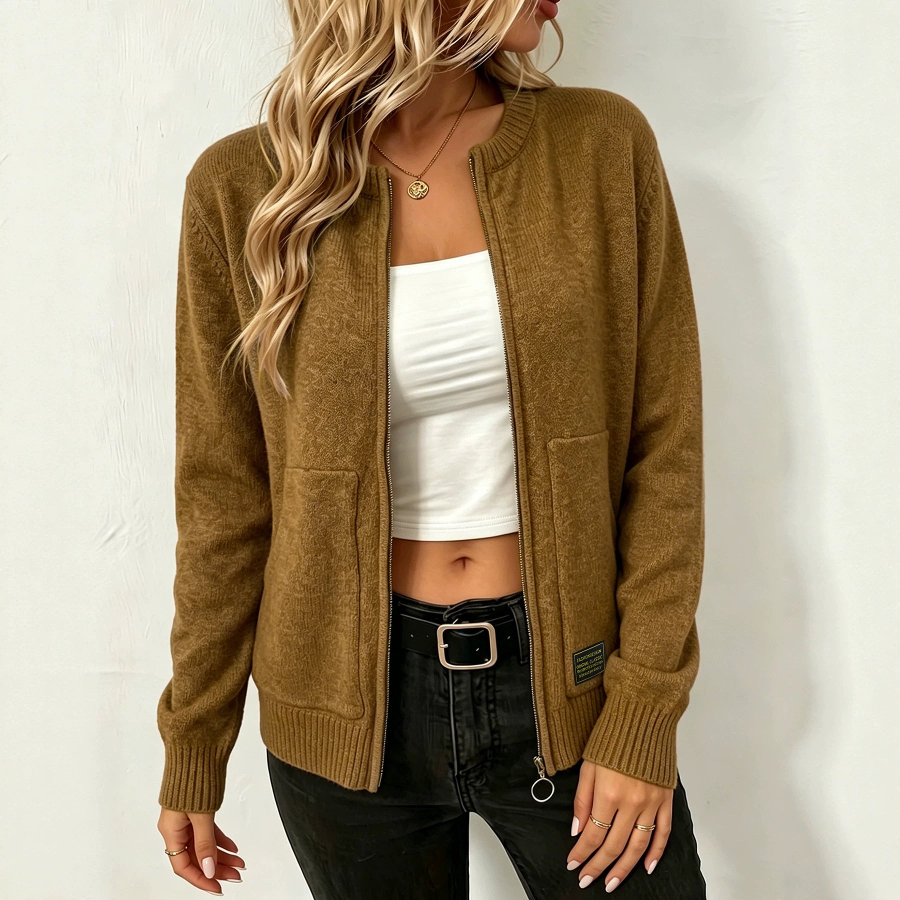 Cardigan tricoté couleur solide pour femmes avec fermeture éclair