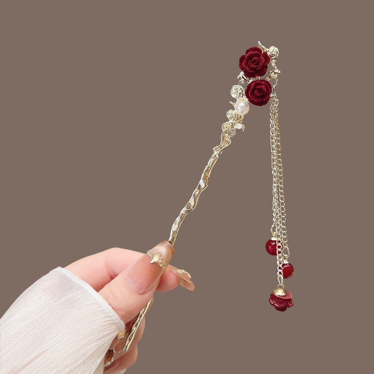 AutumnWinter Flocked Red Flower Hair Stick for Women Ma Mian Style