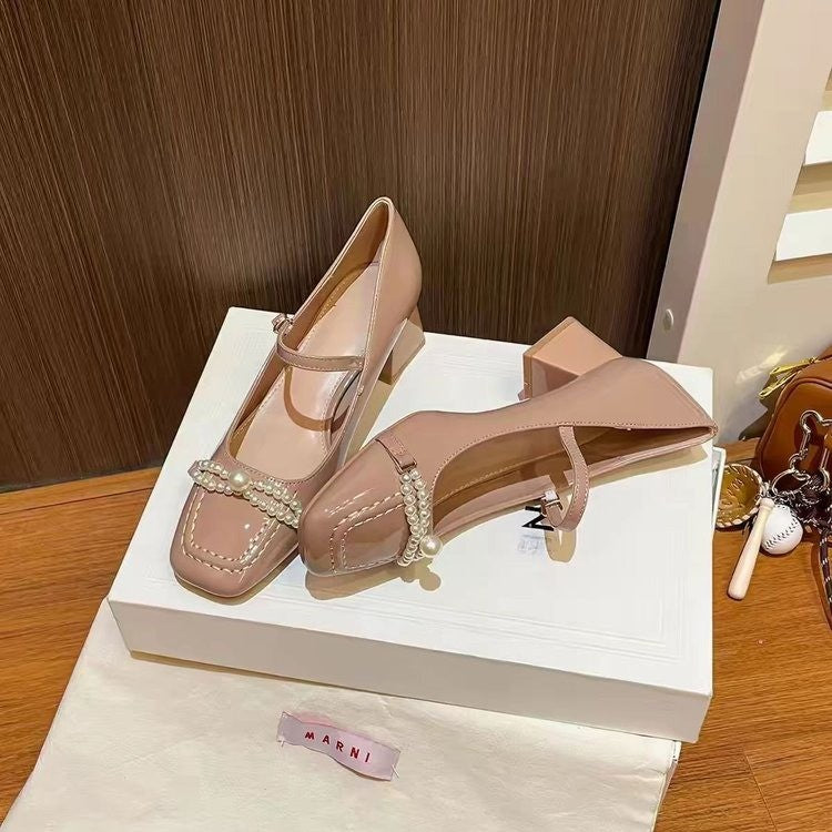 Femmes Elégante française Mary Jane Pompes Été Automne Nue Pearl Bow Basse Coupe Douce Talons hauts
