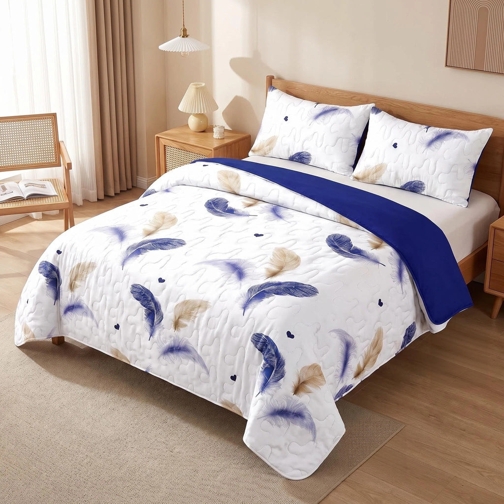 3 pièces blanc or et bleu plume lit couvre-couche pour roi et roi de Californie