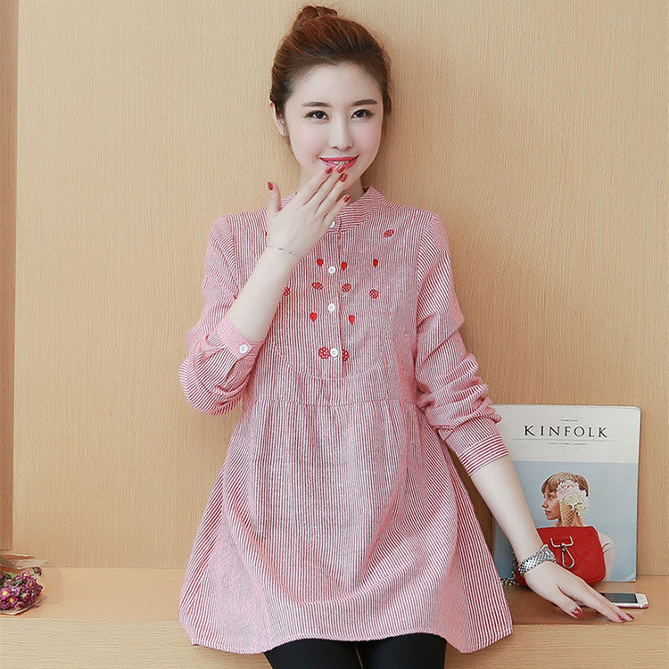 Robe de maternité Collier debout Broderie rayée Top de grossesse