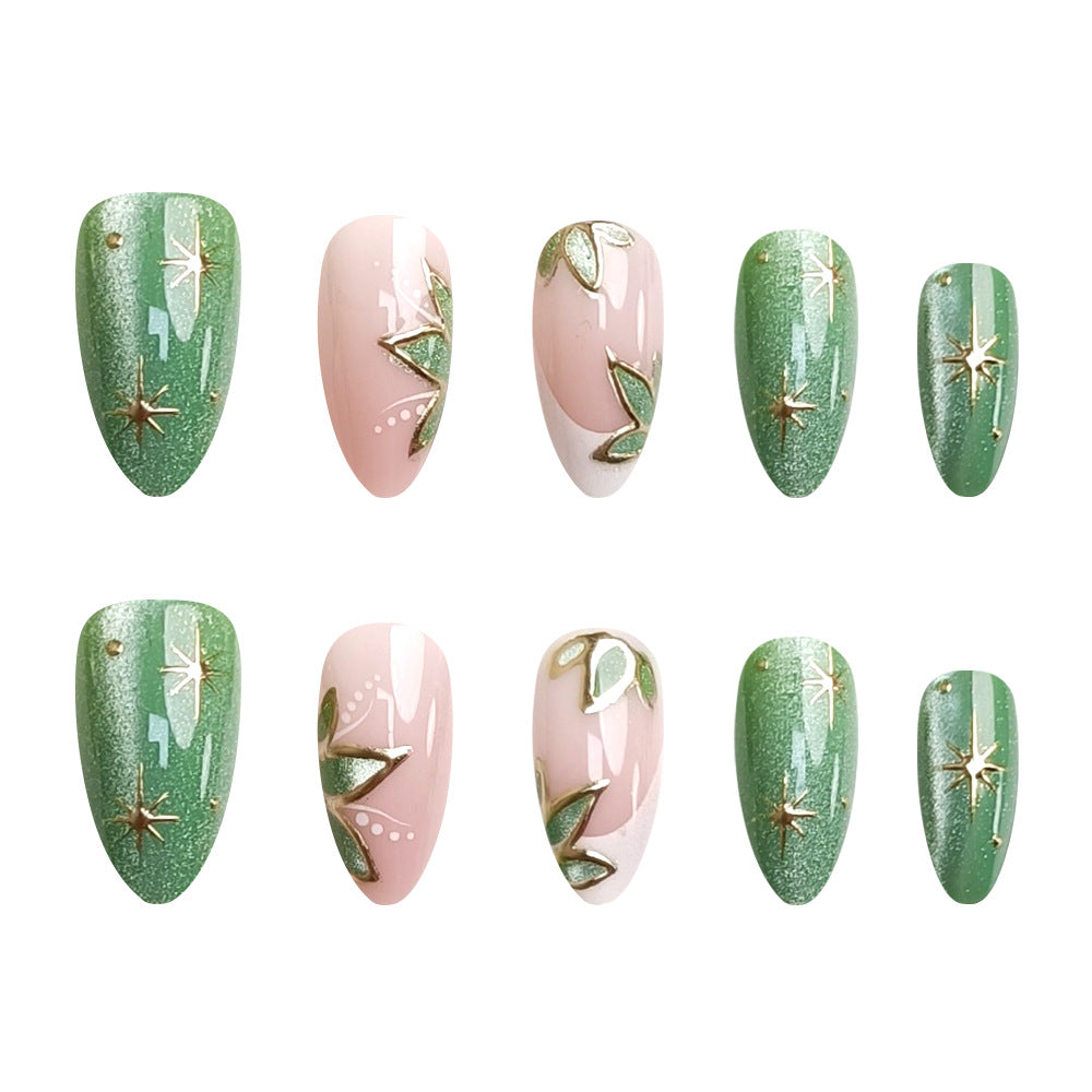 Short 24-pièces en forme d'amande Nail White Edge Faux Nails de style français avec oeil de chat