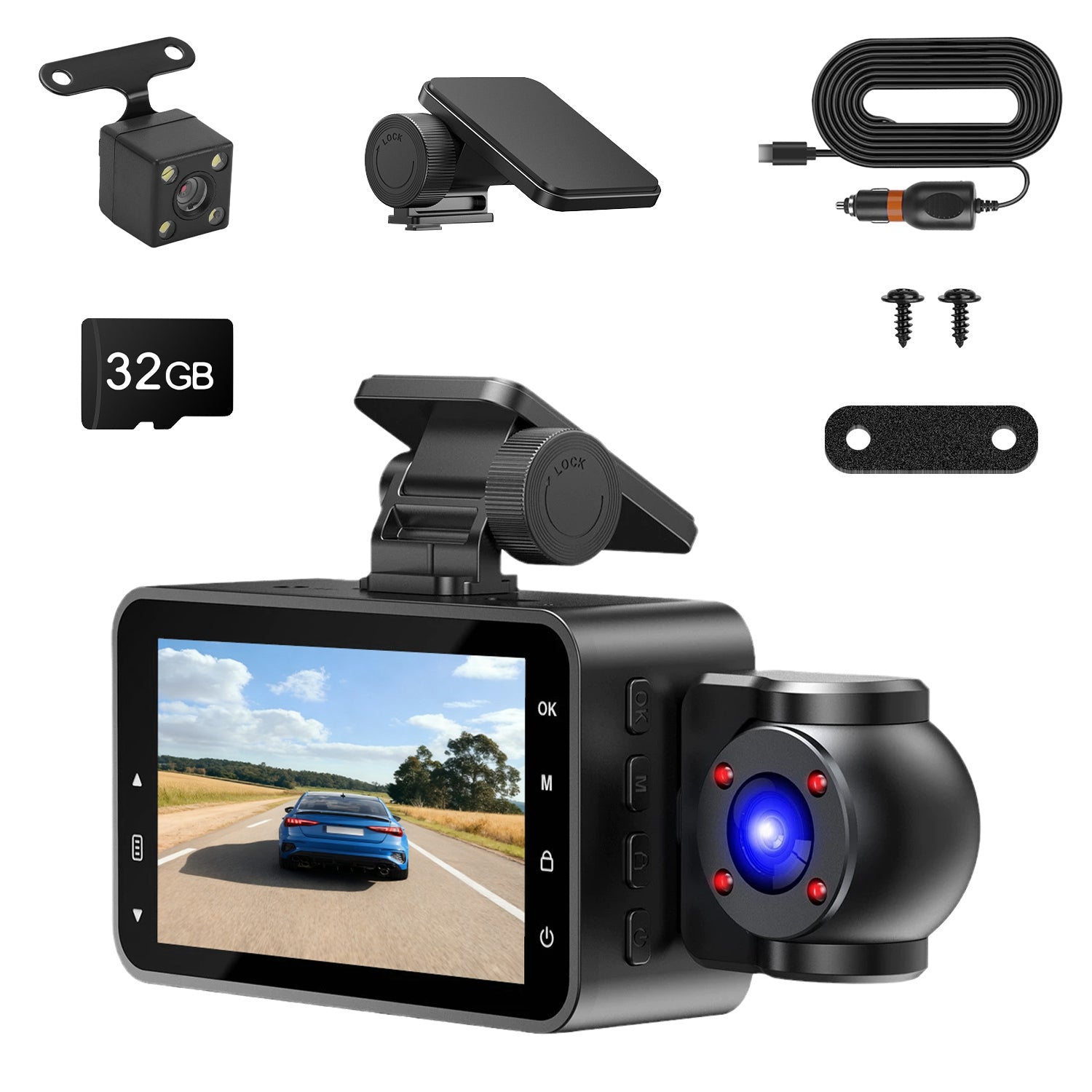 WiFi FHD 1080P 3 canaux voiture Dash Cam arrière à l'intérieur avec détection de mouvement de carte MMC 32G
