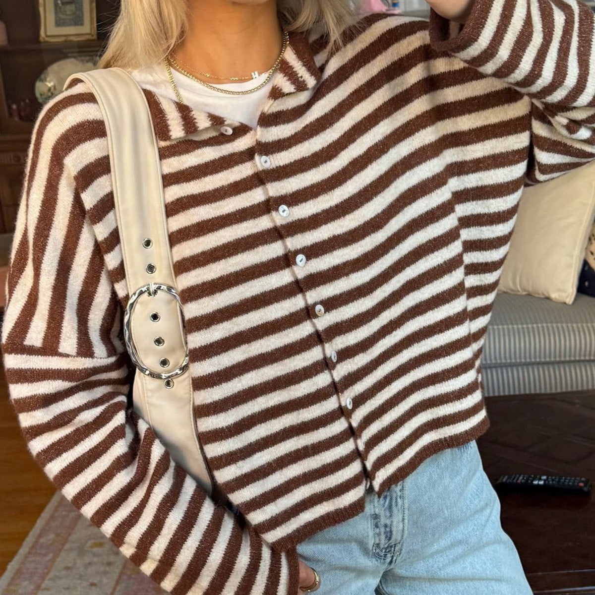 Haut de Cardigan à épaulettes à tête unique, à rayures contrastantes