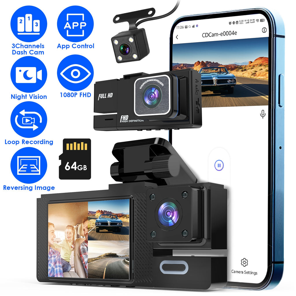 1Pc WiFi FHD 1080P voiture Dash Cam 3 canaux arrière avant caméra de Dash intérieur avec boucle Recordi