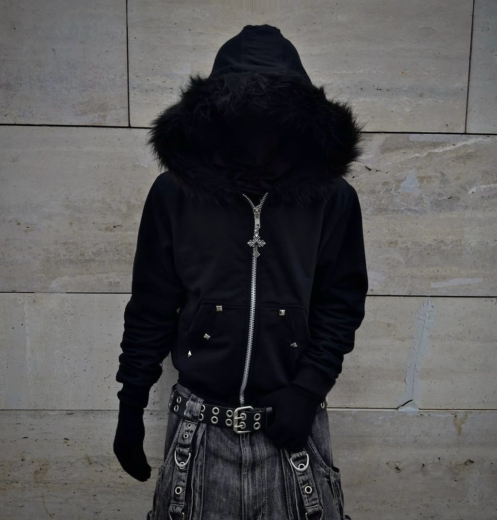 Letter-print Strass-Studed à capuche Loose-fit Zip-up Coat Pour Fallwinter Hip-hop Style