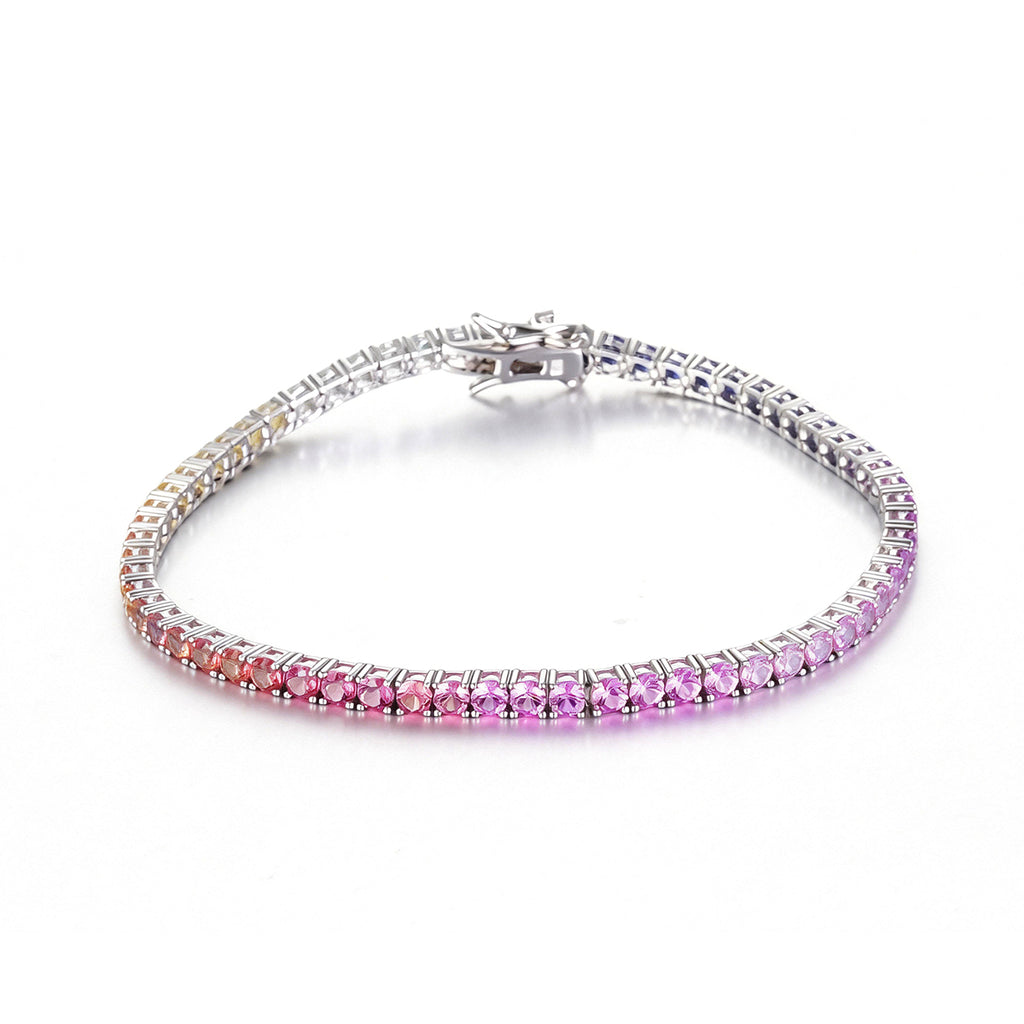 S925 Argent Sterling 3mm Rainbow Lab-Grown Gemstone Bracelet de tennis pour femmes Platinum Pla