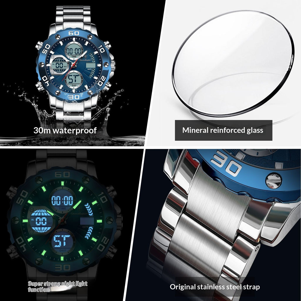 Montre électronique multifonctionnelle double affichage lumineux pour hommes
