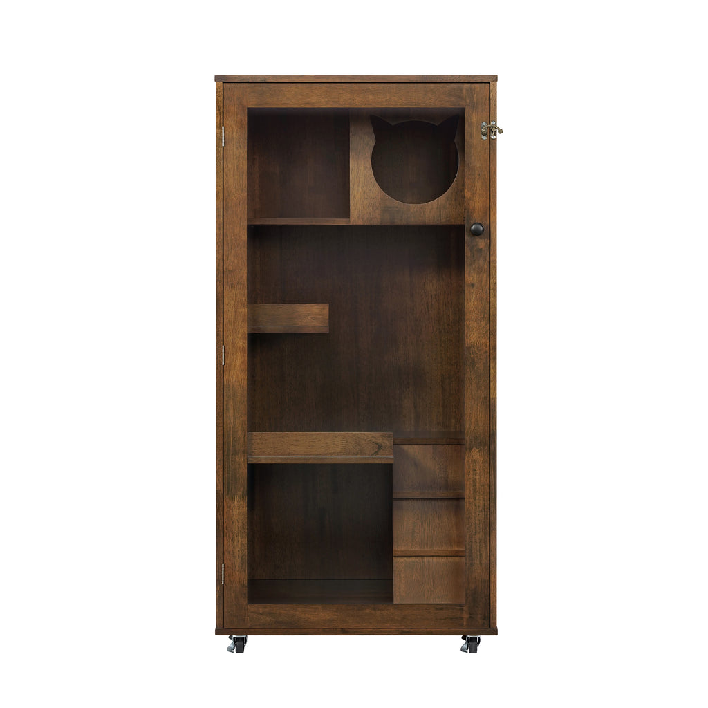 Armoire de chat en bois de caoutchouc intérieur Basia avec roues