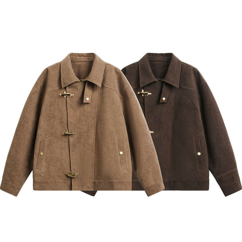 Homme Brown Faux Suede Metal Buckle Stand Collar Cropped Jacket