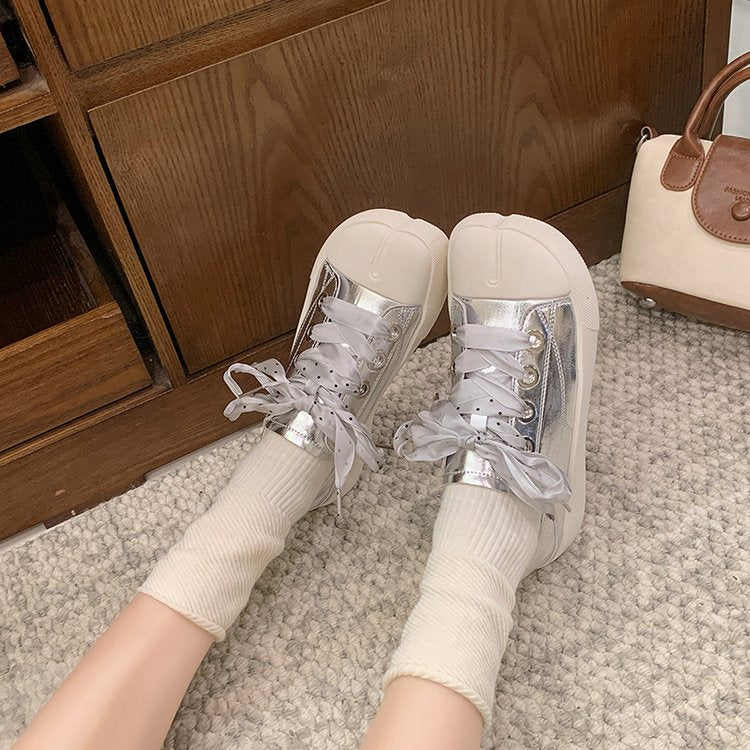 Les femmes Split orteil sans dos Mule Sneakers Polka Dot Ribbon Bow Dentelle Faux Cuir Bas haut