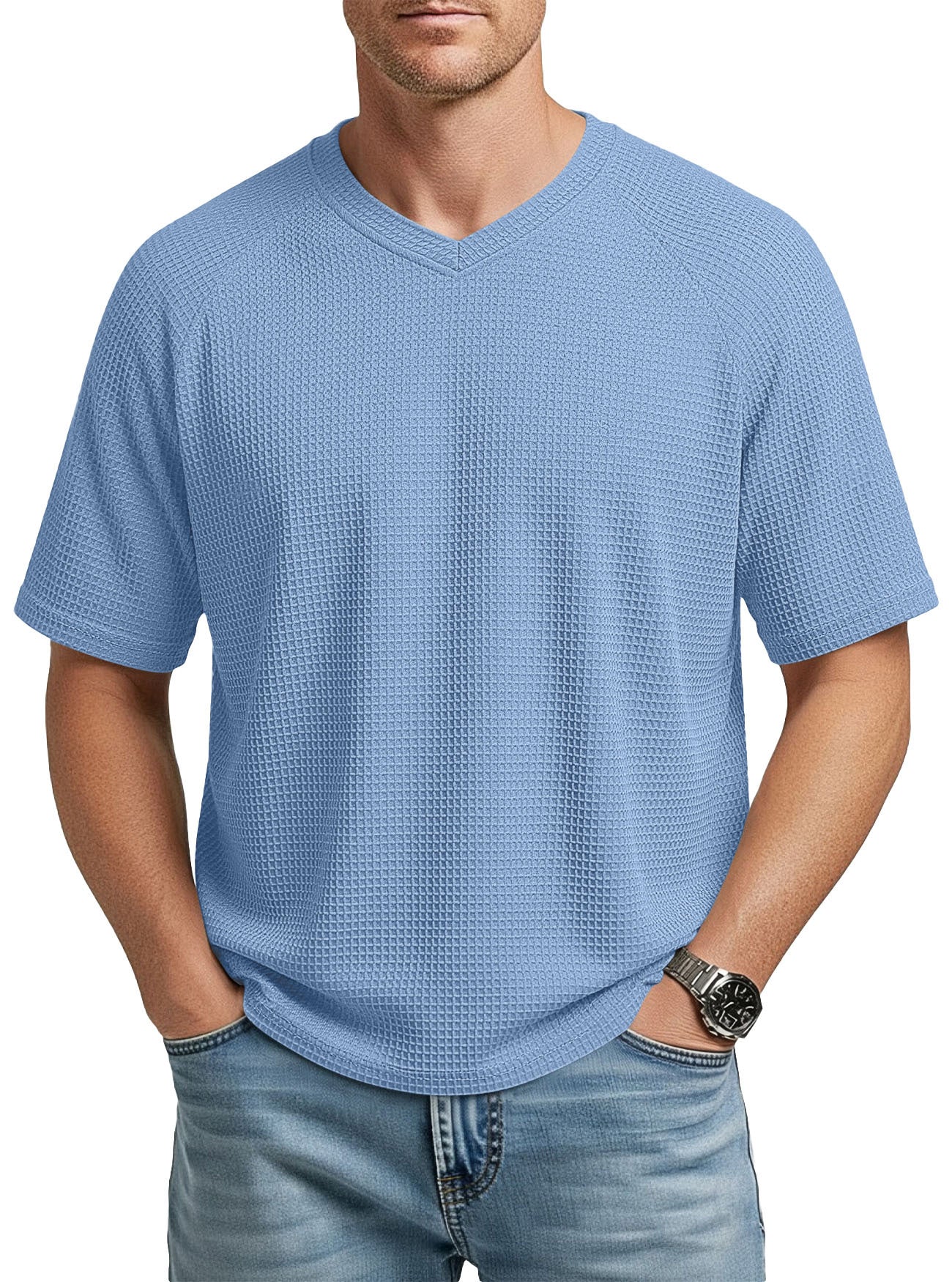 T-Shirt en tricot à manches courtes Raglan col V pour hommes