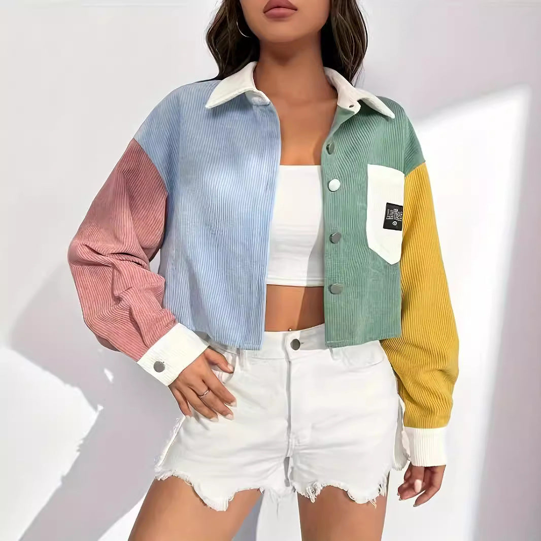 Corduroy Color-block Patchwork Lightweight Relaxed-fit Veste décontractée polyvalente