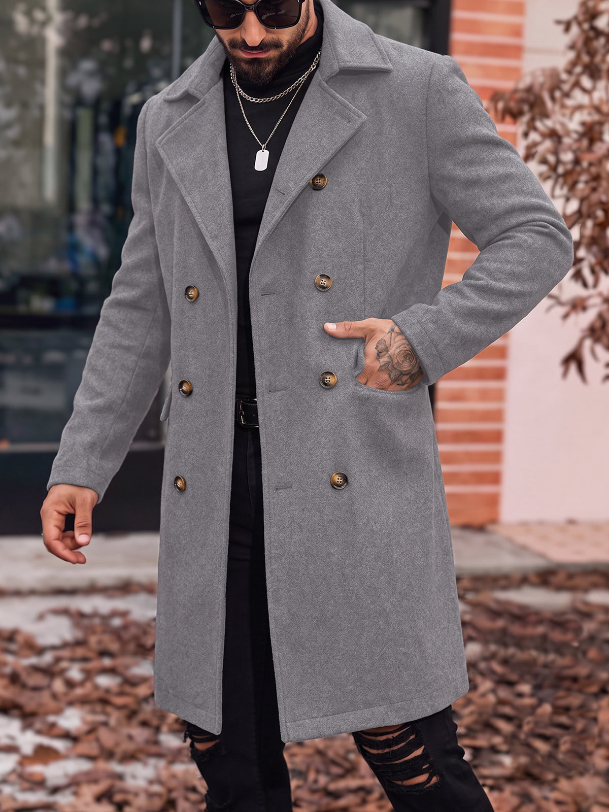 Manteau de tranchée de longueur moyenne en laine pour hommes