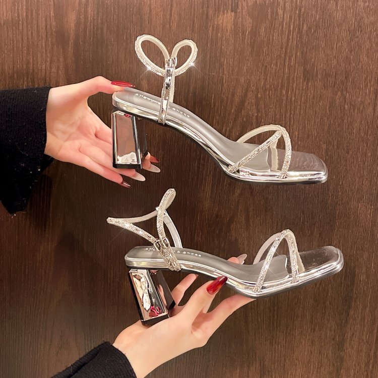Women's KoreanStyle Summer SquareToe Strass BlockHeel OpenToe Sandales à talons hauts