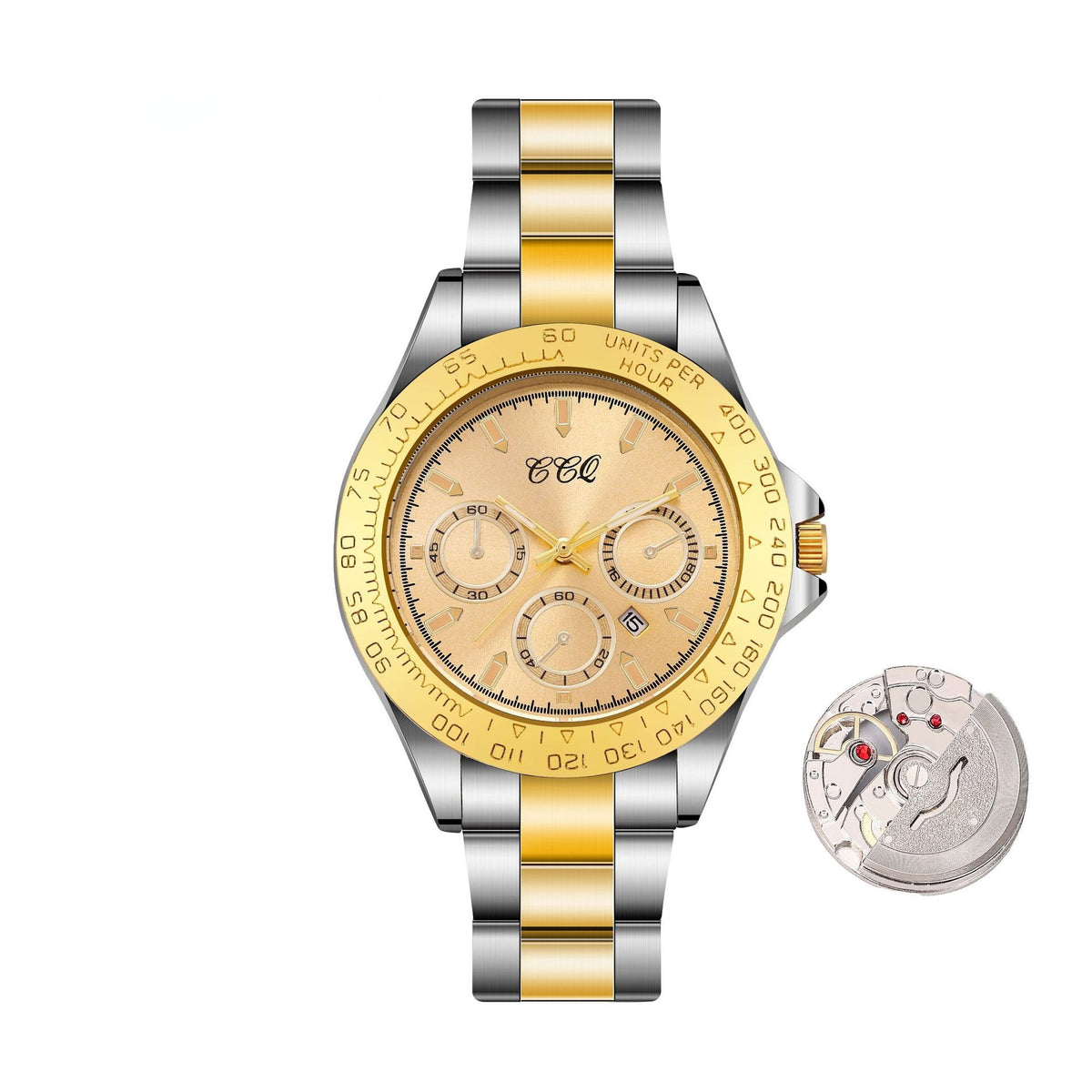 Progressive gold steel watch