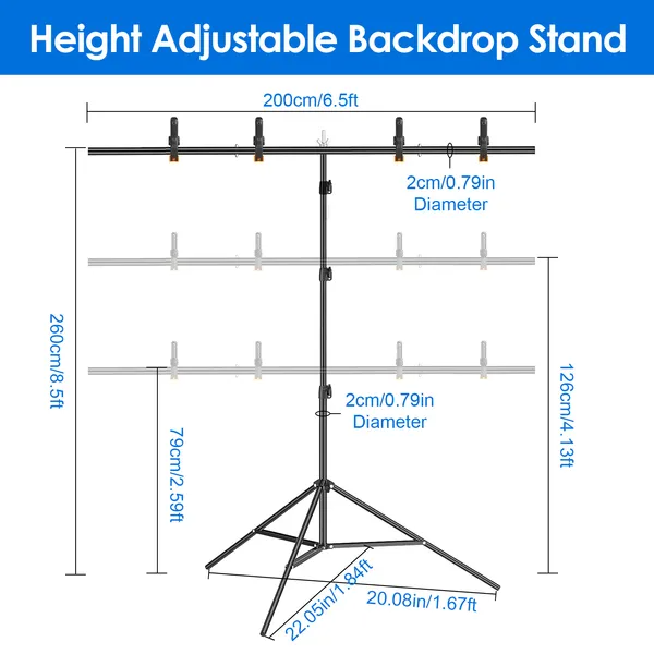 6.5x8.5FT T Forme Photo Vidéo Déposer Support arrière lourd Service arrière Support réglable Photog