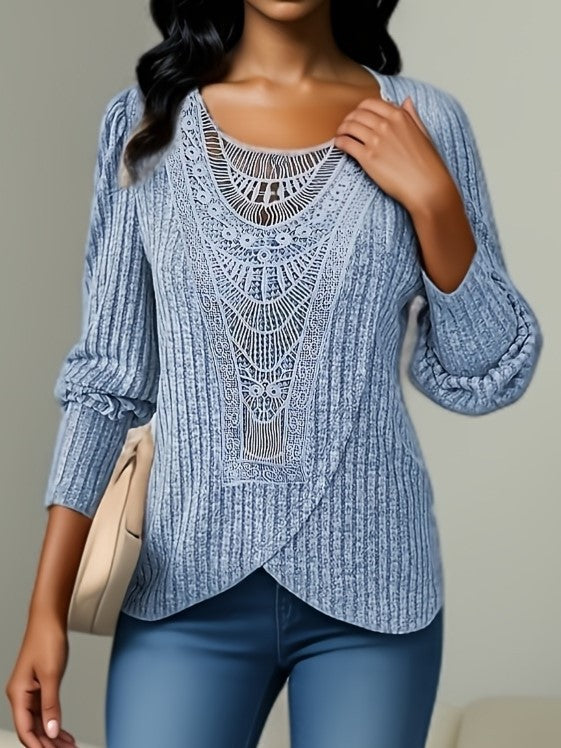 Autumn Solid-color Dentelle jumelée Col rond Top féminin à manches longues